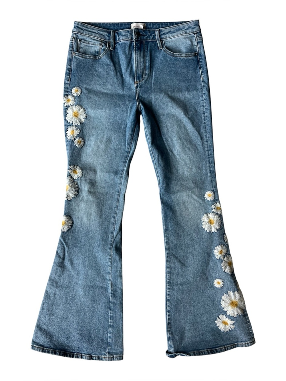 DRIFTWOOD FARRAH DAISY DENIM FLARE JEANS WOMENS 30 EMBROIDERED